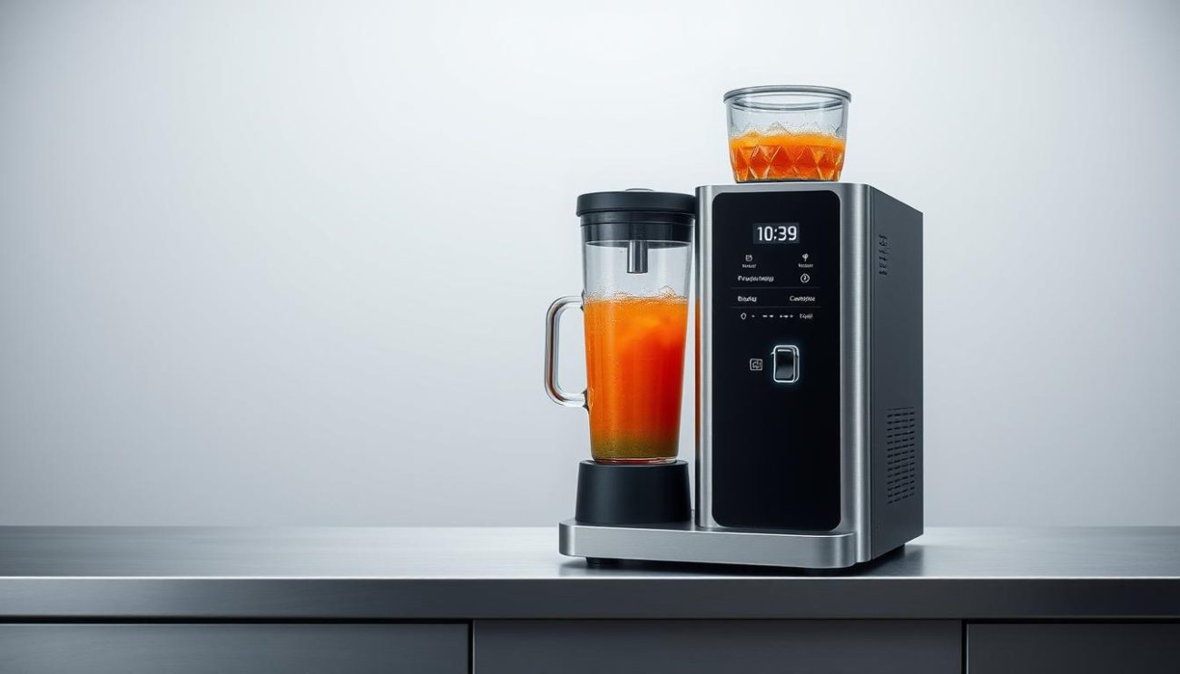 A sleek, contemporary energy drink maker standing proudly on a stainless steel countertop. The brushed metal and matte black chassis reflect the soft, even lighting from above, creating a refined, high-tech ambiance. Precisely engineered controls and a digital display allow for customized blending and carbonation, while a transparent pitcher showcases the vibrant, energizing liquid within. The minimalist design exudes a sense of quality and attention to detail, positioning this machine as a reliable, trusted partner in the private label energy drink production process.