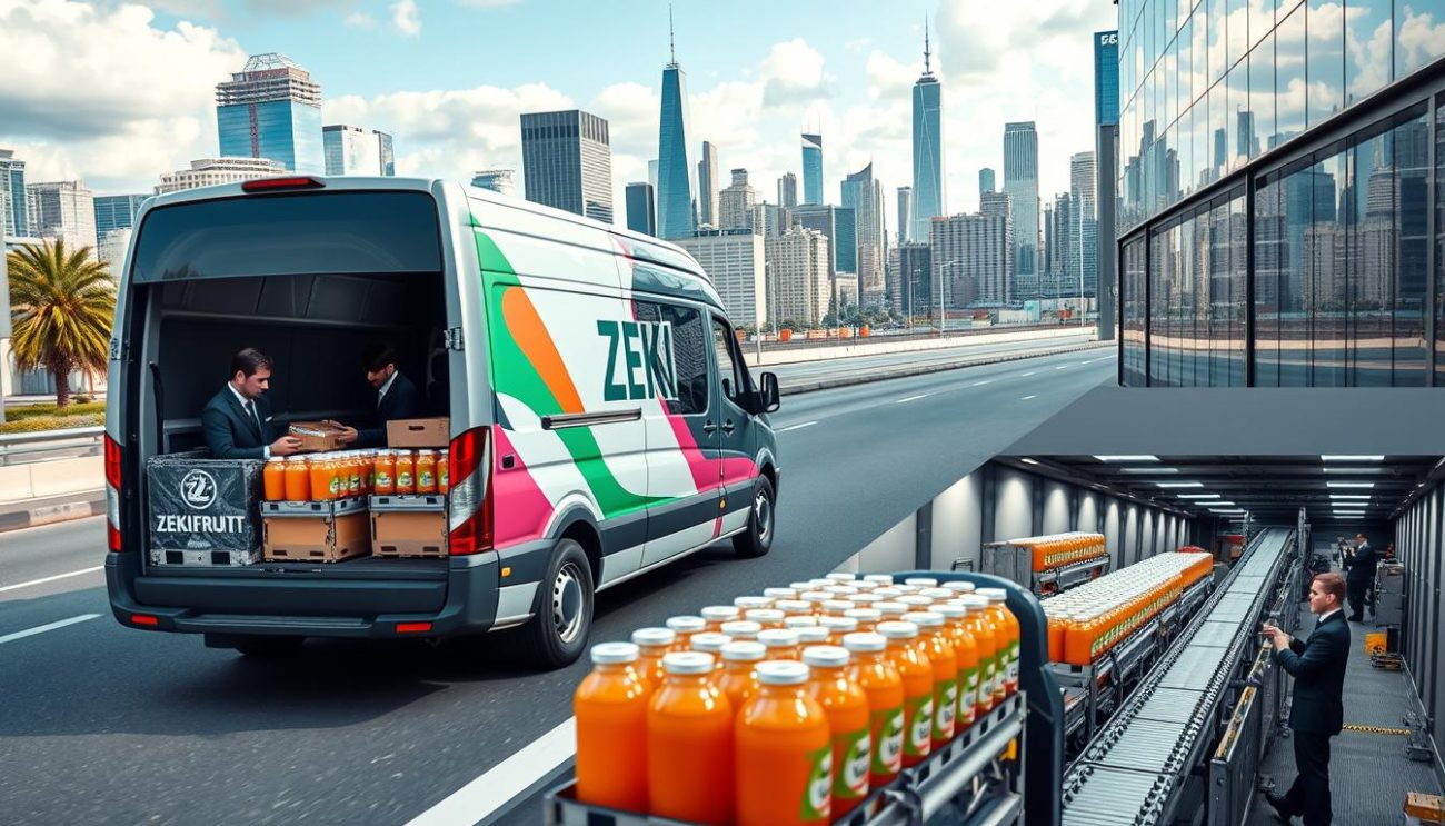 A sleek delivery van emblazoned with the Zeki Frucht logo glides through a bustling urban landscape, its interior meticulously organized to transport bespoke energy drink orders. In the foreground, a team of attentive drivers clad in crisp uniforms carefully load cases of vibrant, custom-formulated beverages, ensuring every delivery is handled with the utmost care. The mid-ground reveals a state-of-the-art fulfillment center, its gleaming walls and high-tech conveyor systems testament to the company's commitment to efficiency and precision. In the background, a cityscape of towering skyscrapers and bustling streets sets the stage for Zeki Frucht's comprehensive delivery and logistics services, catering to the discerning needs of their energy drink clientele.