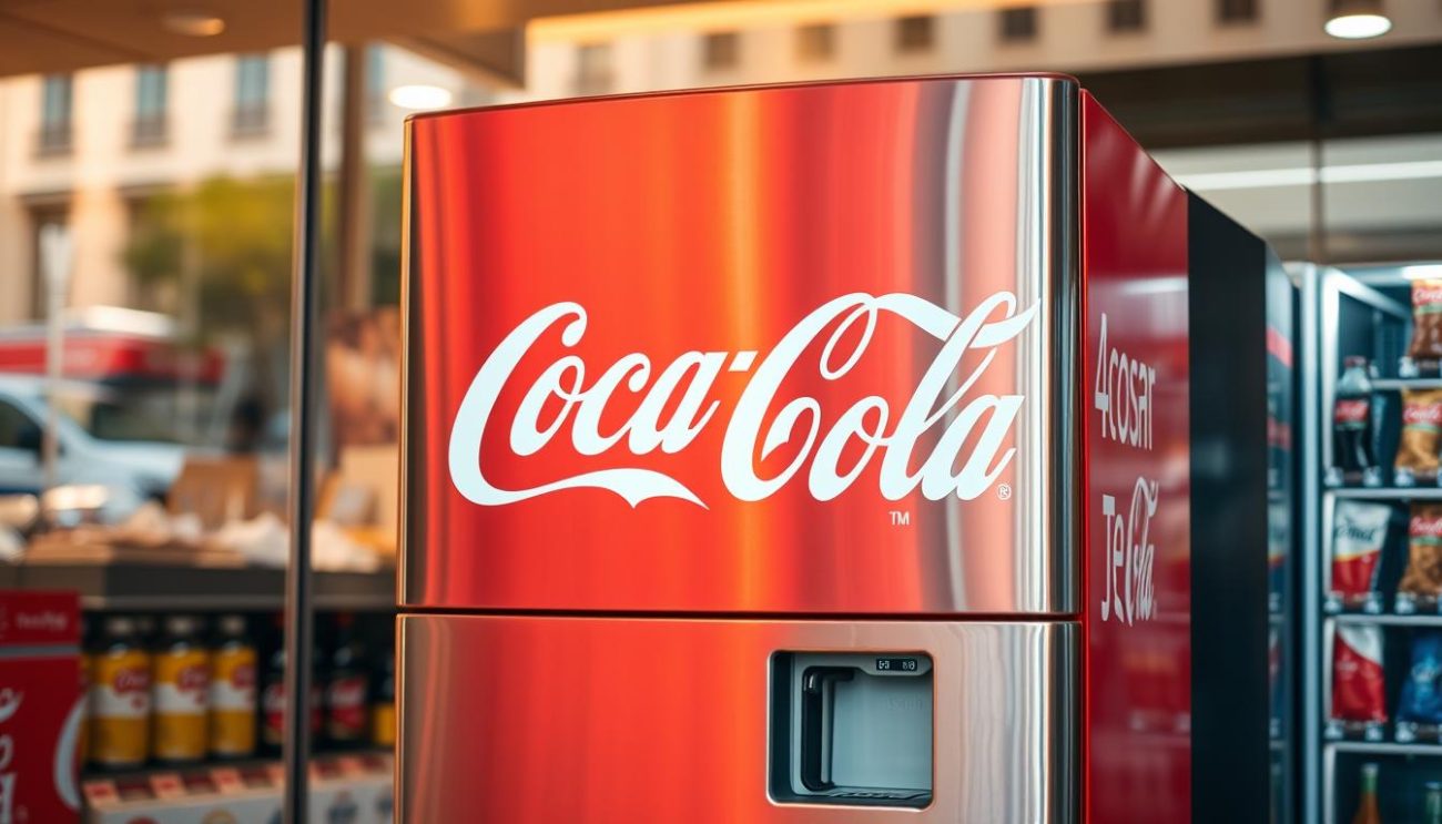 A sleek, metallic Coca-Cola 330ml distributor, its gleaming surface reflecting the vibrant red and white of the iconic Coca-Cola logo. The machine stands prominently in a modern European storefront, bathed in warm, natural lighting that accentuates its clean, minimalist design. The foreground is sharply in focus, while the background blurs gently, hinting at the bustling activity of the surrounding urban landscape. The overall scene conveys a sense of efficiency, convenience, and the widespread availability of Coca-Cola's refreshing carbonated beverage across the European market.