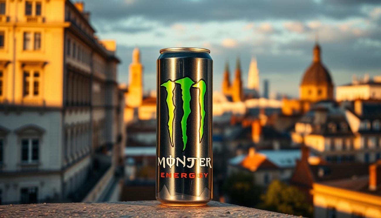 A sleek, metallic can of Monster Energy drink, standing proudly against a backdrop of European cityscapes. Illuminated by warm, golden lighting, the can's distinctive logo and vibrant green color scheme catch the eye, conveying a sense of power, vitality, and the allure of an energy-boosting beverage. In the foreground, the can is presented in a high-resolution, close-up view, showcasing its premium, high-quality appearance. In the middle ground, the cityscape features a blend of modern skyscrapers and historic architecture, hinting at the diverse cultural tapestry of the European continent. The overall composition evokes a feeling of urban sophistication, where the Monster Energy drink is positioned as a go-to choice for those seeking a dynamic, rejuvenating boost to power their day.