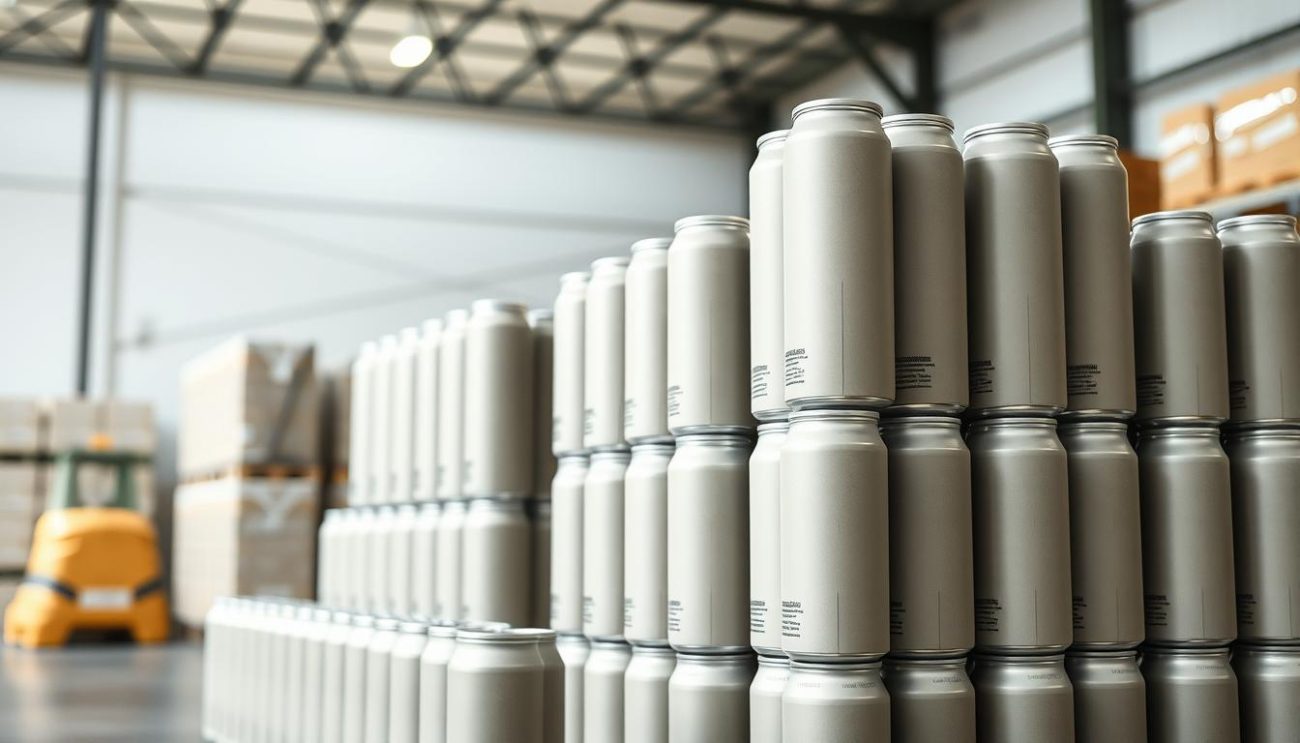 A sleek, minimalist canned beverage packaging design made from sustainable materials, showcased in a modern, well-lit warehouse setting. The cans have a matte finish and clean lines, with a subtle color palette that evokes a sense of environmental responsibility. The cans are arranged in neat stacks, ready to be shipped, conveying a sense of organization and efficiency. Soft, diffused lighting highlights the textural details of the packaging, creating a visually appealing and visually cohesive display. The overall atmosphere is one of innovation, attention to detail, and a commitment to eco-friendly practices.