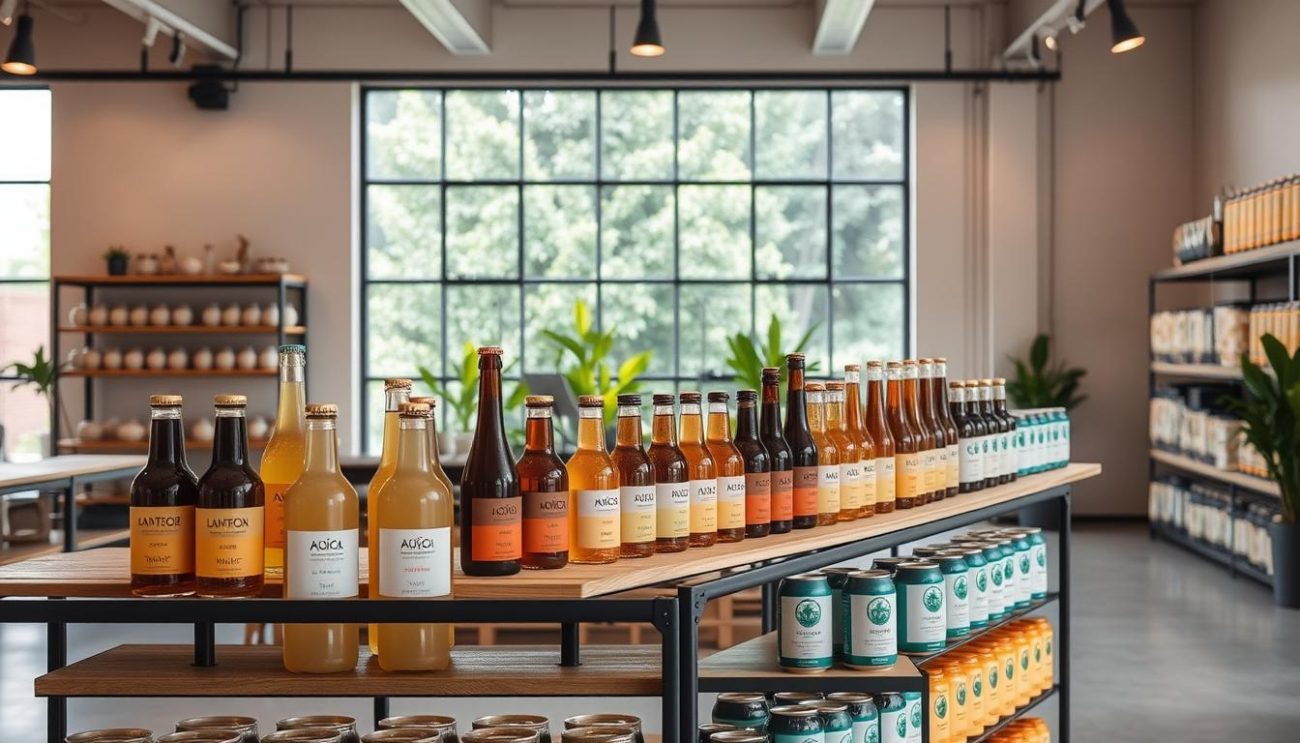 A sleek, modern display of artisanal adaptogenic beverages in an airy, well-lit wholesale showroom. Rows of elegant glass bottles and cans in a variety of natural hues sit atop minimalist wood and metal shelving. Soft, diffused lighting casts a warm glow, highlighting the premium, high-quality ingredients. In the background, a large window offers a view of lush greenery, creating a soothing, nature-inspired ambiance. The overall scene conveys a sense of wellness, vitality, and the thoughtful curation of functional, health-promoting products.