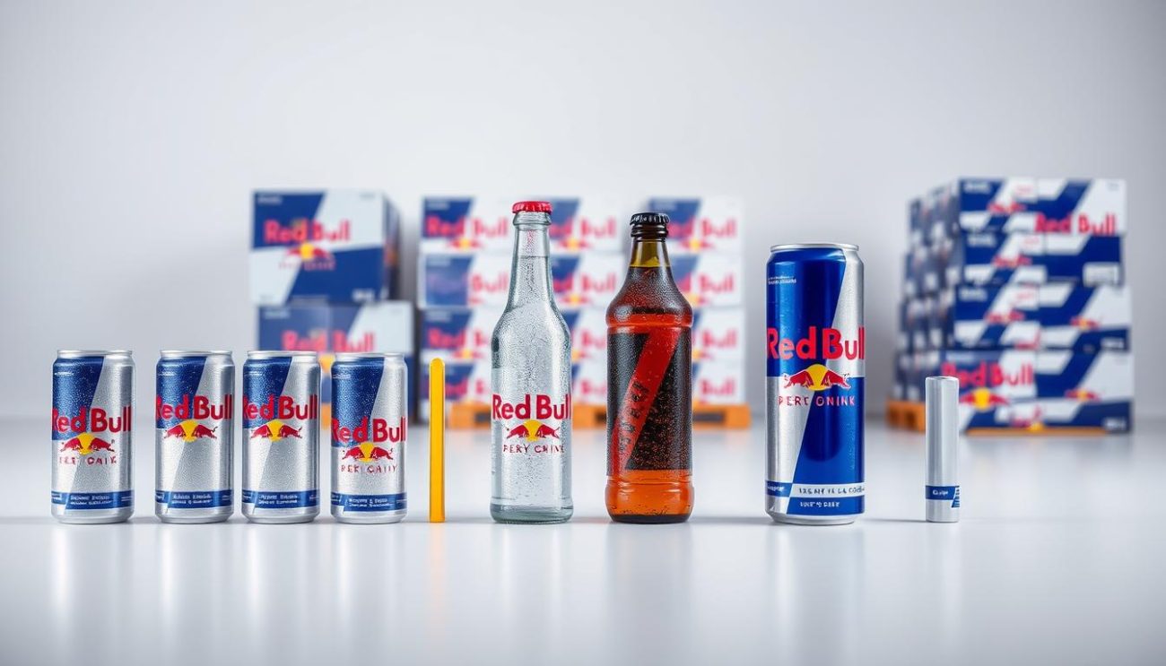 A sleek, modern energy drink serving temperature guide, showcasing various cans and bottles against a clean, minimalist backdrop. In the foreground, a collection of Red Bull cans in different sizes is neatly arranged, with temperature ranges indicated by subtle, color-coded labels. The middle ground features a row of chilled energy drink bottles, their condensation-covered surfaces reflecting the studio lighting. In the background, a palette of Red Bull packaging boxes, stacked and ready for shipment, conveys a sense of efficient, high-quality distribution. The overall scene exudes a professional, informative atmosphere, highlighting the optimal serving conditions for these popular energy beverages.