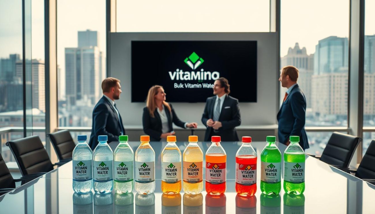 A sleek, modern office space with large windows overlooking a bustling urban landscape. In the foreground, a team of professionals in business attire are gathered around a conference table, engaged in a lively discussion. On the table, an assortment of vitamin water bottles in various flavors are displayed, their vibrant colors and labels catching the eye. The lighting is warm and inviting, creating a professional yet approachable atmosphere. In the background, a wall-mounted display showcases the company's logo and branding, highlighting their expertise as a reliable bulk vitamin water supplier. The overall scene conveys a sense of efficiency, innovation, and a commitment to providing high-quality products to their target markets.