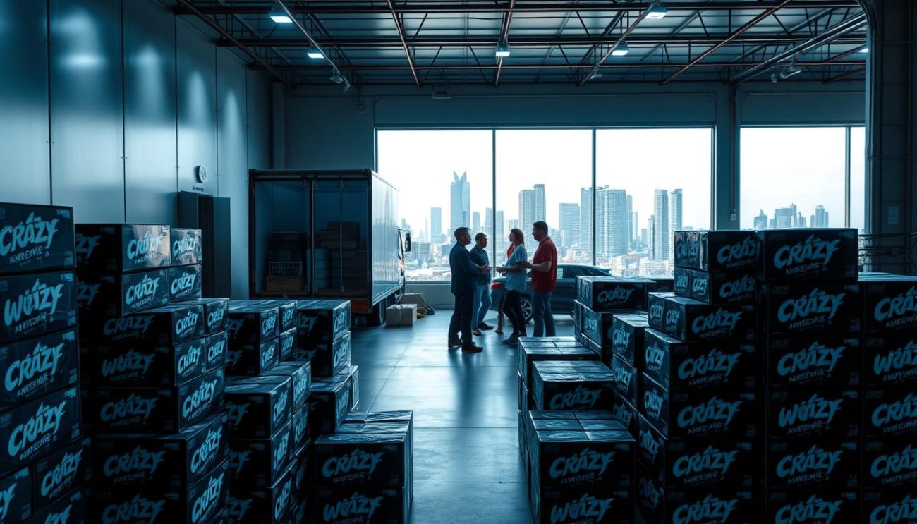 A sleek, modern warehouse interior bathed in cool, diffused lighting. In the foreground, stacks of Crazy Wolf energy drink cases are neatly arranged, ready to be loaded onto a delivery truck. The middle ground showcases a team of warehouse workers collaborating, discussing partnership opportunities and logistics. In the background, a large window overlooks a bustling city skyline, hinting at the global reach of the Crazy Wolf brand. The overall atmosphere conveys a sense of efficiency, professionalism, and the company's commitment to reliable wholesale partnerships.