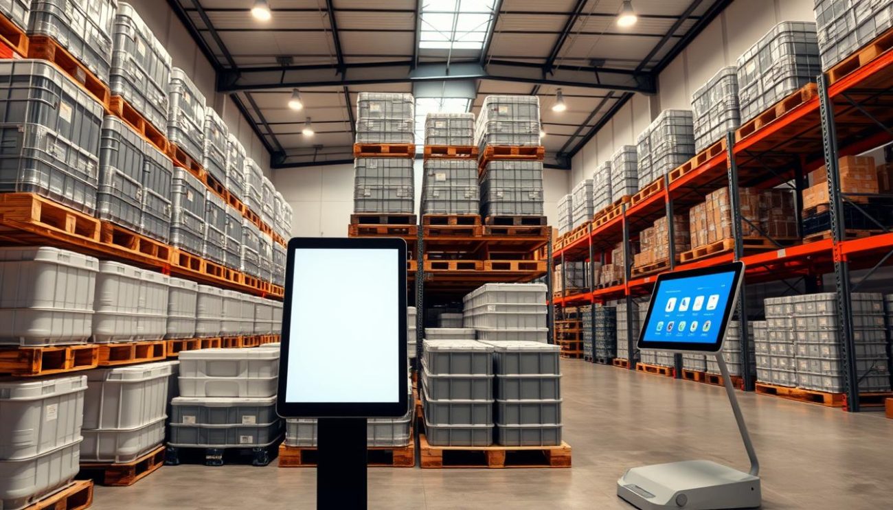A sleek, modern warehouse interior with an array of neatly stacked pallets and bulk containers, ready for efficient B2B ordering. Soft, even lighting illuminates the scene, casting subtle shadows that accentuate the streamlined, ergonomic design of the storage units. In the foreground, a touchscreen kiosk stands, inviting users to seamlessly place orders, monitor inventory, and manage their account. The overall atmosphere exudes a sense of professionalism, organization, and a commitment to providing a seamless, technology-driven purchasing experience for B2B clients.