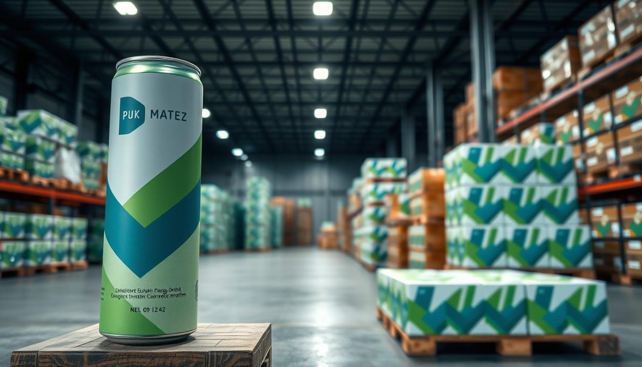 A sleek, sustainable energy drink packaging design against a backdrop of a modern, well-organized warehouse. The packaging features a minimalist, geometric pattern in shades of green and blue, reflecting the eco-friendly nature of the product. The packaging is stacked in neat, organized pallets, ready for wholesale distribution. Soft, directional lighting illuminates the scene, casting subtle shadows and highlights on the packaging. The overall atmosphere conveys a sense of efficiency, sustainability, and attention to detail, complementing the article's focus on "Packaging, Sustainability, and Wholesale Distribution".
