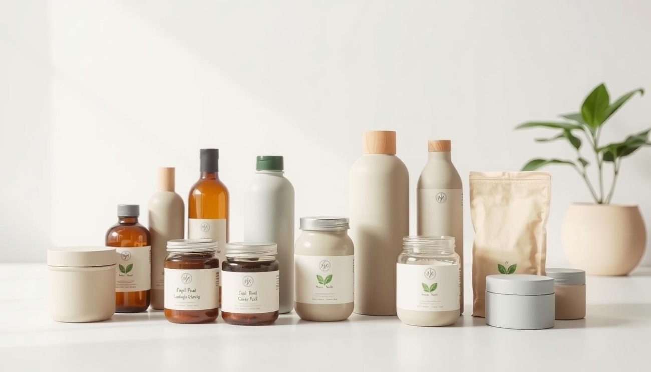A sleek, sustainable packaging display in a bright, airy studio setting. In the foreground, an assortment of eco-friendly containers made from recycled materials, featuring clean lines and muted tones. The middle ground showcases reusable bottles and jars with plant-based labels, while the background reveals a minimalist, nature-inspired backdrop with soft, diffused lighting and a hint of greenery. The overall composition conveys a sense of modern, responsible consumption, highlighting the brand's commitment to environmental consciousness.