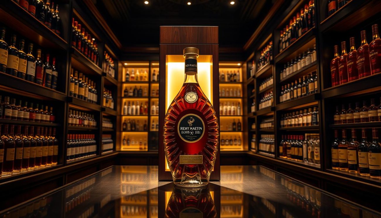 A sophisticated and elegant distributor of Rémy Martin Louis XIII cognac stands proudly in a dimly lit, high-end liquor store. The distributor is crafted from polished, dark wood with intricate engravings, exuding an aura of exclusivity and prestige. Strategically placed lighting casts a warm, golden glow across the distributor, highlighting the bottle's distinctive decanter-style shape and the brand's iconic emblem. The store's shelves are lined with other premium spirits, creating a luxurious, sophisticated atmosphere. The distributor is positioned in the center of the frame, drawing the viewer's eye and conveying the importance of this exceptional cognac. The overall scene evokes a sense of refinement, attention to detail, and the celebration of a truly exceptional spirit.
