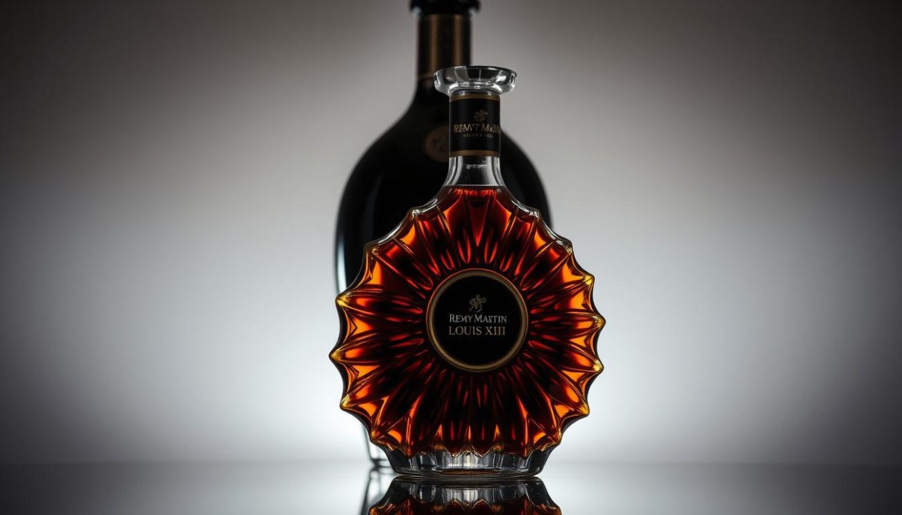 A sophisticated and meticulously detailed image of the Rémy Martin Louis XIII cognac bottle, shot in a high-end, dramatic lighting setup. The foreground features the iconic decanter with its intricate glass facets, capturing the rich amber hue of the premium spirit. The middle ground showcases the elegant, timeless design of the bottle, with its smooth, fluted shape and ornate metal accents. The background is a softly blurred, chiaroscuro-inspired setting, emphasizing the premium and luxurious nature of the subject. The lighting creates a sense of depth and dimensionality, highlighting the bottle's craftsmanship and the quality of the contents. This image perfectly conveys the essence of the Rémy Martin Louis XIII brand and its reputation for excellence.