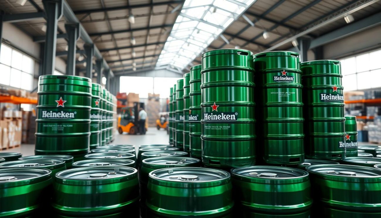 A sophisticated arrangement of gleaming Heineken kegs in a well-lit, modern wholesale warehouse setting. The kegs are stacked neatly in the foreground, their emerald green hue and metallic sheen capturing the eye. In the middle ground, forklifts and workers move efficiently, tending to the inventory. The background features high ceilings, exposed beams, and ample natural light filtering in through large windows, creating a bright, airy atmosphere. The overall scene conveys a sense of professionalism, order, and the global reach of the Heineken brand.