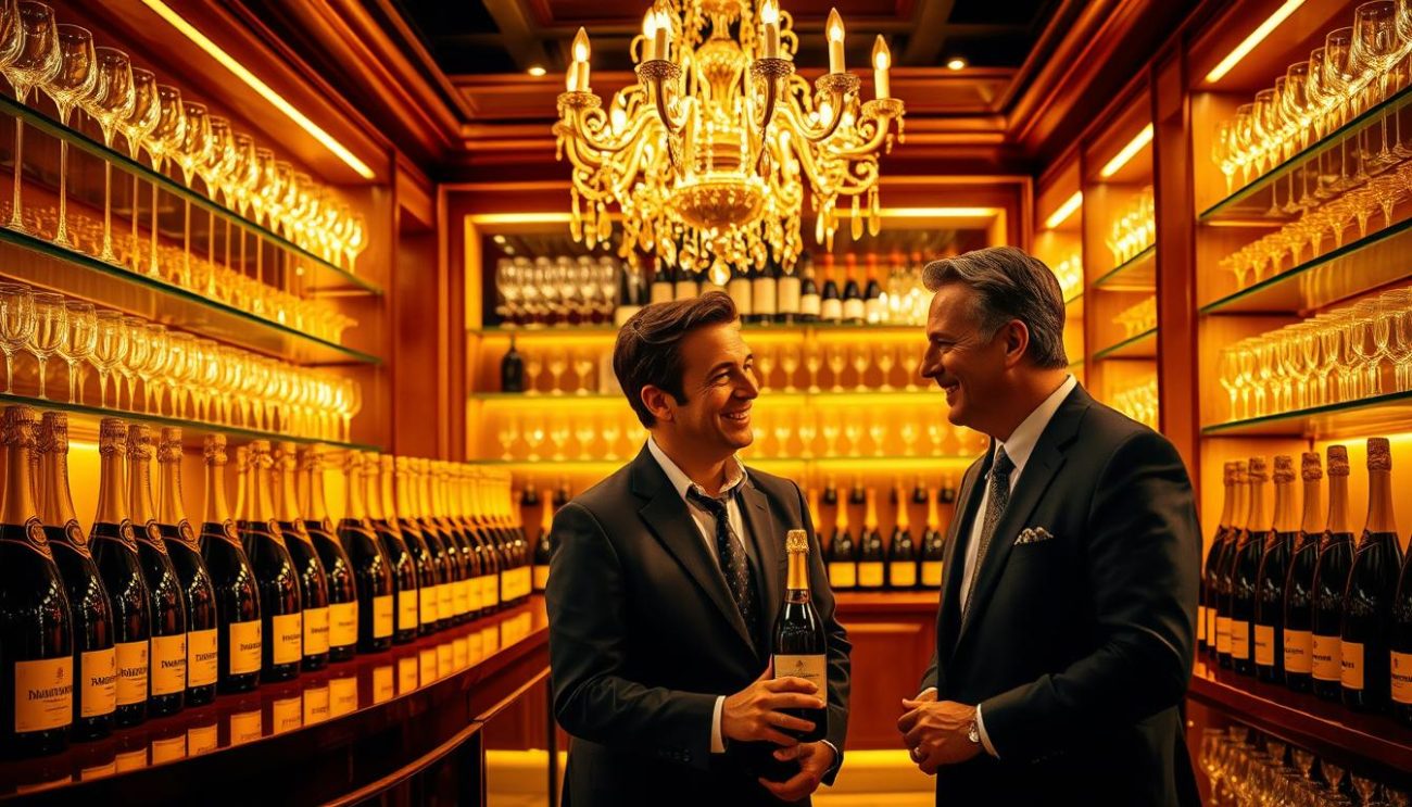 A sophisticated champagne distributor's showroom, bathed in warm golden light and adorned with elegant crystal glassware. Rows of premium champagne bottles, their labels gleaming, stand at the ready on polished wooden shelves. In the foreground, a knowledgeable sommelier discusses the intricacies of a vintage varietal with a discerning client, their expressions conveying the joy of discovering exceptional flavors. Overhead, a stunning chandelier casts a soft, ambient glow, reflecting off the glossy surfaces and creating an atmosphere of refined sophistication. The scene radiates a sense of exclusivity and exceptional service, capturing the essence of a trusted, high-end champagne supplier.