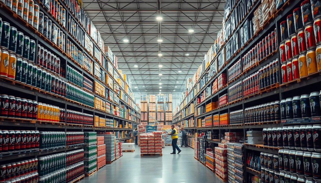 A spacious and well-organized warehouse interior, featuring towering shelves stocked with an extensive array of energy drink cans and bottles. Bright, even lighting illuminates the scene, casting a warm and inviting glow. The foreground showcases a variety of popular energy drink brands, neatly arranged and readily accessible. In the middle ground, warehouse workers efficiently load and unload pallets, highlighting the dynamic nature of the bulk supply operation. The background reveals a panoramic view of the storage area, showcasing the sheer scale and efficiency of the supplier's operations. The overall atmosphere conveys a sense of reliability, professionalism, and the ability to meet the high demand for energy drinks.