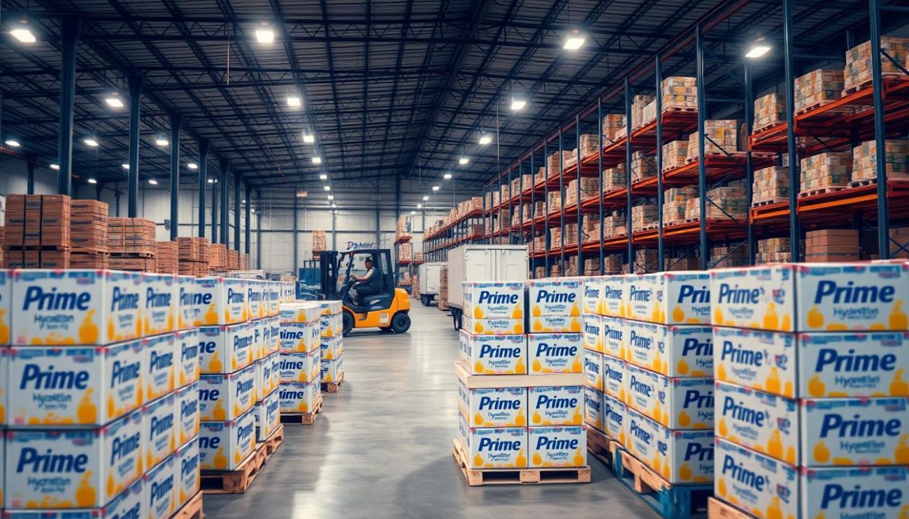 A spacious warehouse interior, bathed in warm, diffused lighting. In the foreground, rows of neatly stacked pallets, each laden with cases of the Prime Hydration drink, ready for distribution. The middle ground showcases forklifts and workers meticulously loading the pallets onto delivery trucks, ensuring efficient logistics. In the background, a panoramic view of the warehouse's orderly racking system, conveying a sense of well-organized, competitive wholesale operations. The overall atmosphere radiates professionalism, attention to detail, and a commitment to providing high-quality products at attractive, value-driven pricing.