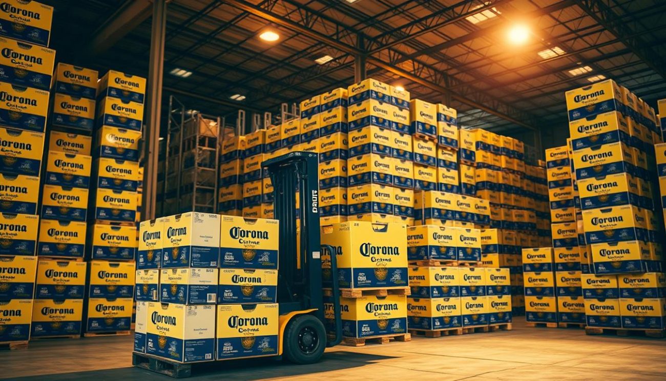 A spacious warehouse interior, filled with stacks of Corona beer cases. Warm, golden lighting casts a soft glow, highlighting the vibrant blue and yellow of the iconic Corona branding. In the foreground, a forklift operator carefully maneuvers a pallet of neatly organized boxes, ready for distribution across Europe. The background reveals high ceilings, concrete floors, and the bustling activity of a well-oiled logistics operation. An atmosphere of efficiency, quality, and the unmistakable presence of the trusted Corona brand.