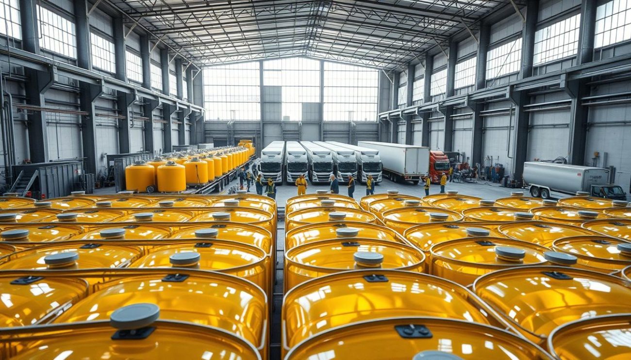 A spacious warehouse interior with high ceilings and abundant natural light filtering through large windows. In the foreground, rows of bulk storage tanks filled with golden canola oil, their surfaces glistening. In the middle ground, workers in protective gear carefully monitoring the flow and transfer of the oil, ensuring quality and efficiency. In the background, a fleet of delivery trucks waiting to transport the precious cargo to wholesalers across Europe. The scene conveys a sense of industrious productivity, with a focus on the scale and professionalism of the canola oil distribution operation.