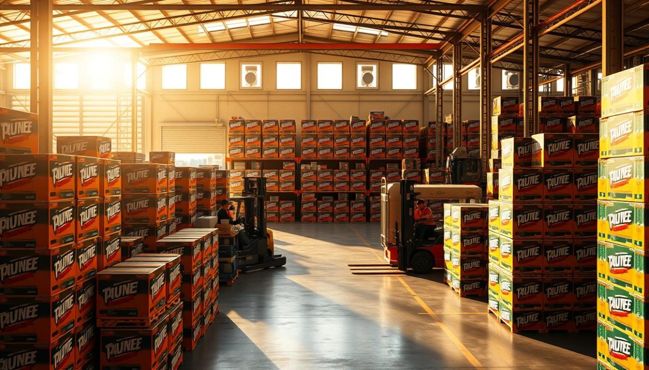 A spacious, well-lit Italian warehouse, bathed in warm, golden sunlight. Rows of neatly stacked, branded energy drink cases stand ready for distribution, their vibrant colors and sleek packaging catching the eye. Forklift operators efficiently load the bulks onto waiting trucks, the sounds of machinery and the scent of freshly printed labels filling the air. The scene exudes an atmosphere of efficient, organized wholesale operations, with Italy's iconic architecture visible through the large windows, hinting at the country's rich commercial heritage.
