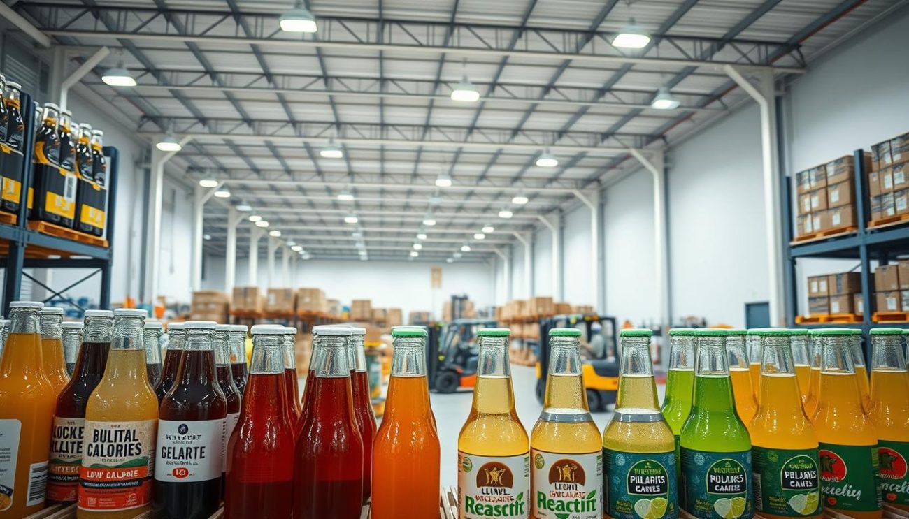 A spacious, well-lit distribution warehouse showcasing an array of low-calorie beverage products. The foreground features various glass bottles and cans neatly arranged on shelves, their labels highlighting the low-calorie and healthy attributes. In the middle ground, forklifts and workers efficiently manage the inventory, ensuring smooth logistics. The background depicts a modern, climate-controlled facility with high ceilings, ample natural light, and a clean, minimalist aesthetic. The overall atmosphere conveys a sense of professionalism, quality, and a commitment to providing healthier beverage options to consumers.