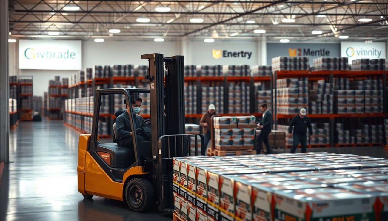 A spacious, well-lit warehouse interior with rows of neatly stacked energy drink cases ready for shipment. In the foreground, a forklift carefully maneuvering a pallet of freshly packed boxes. The middle ground showcases a team of workers meticulously checking inventory and preparing the shipment for departure. Soft, diffused lighting casts a warm glow, highlighting the efficiency and professionalism of the operation. The background features the company's branding and signage, conveying a sense of exclusivity and partnership. The overall scene emphasizes the seamless logistics, reliability, and premium quality of the wholesale distribution process.