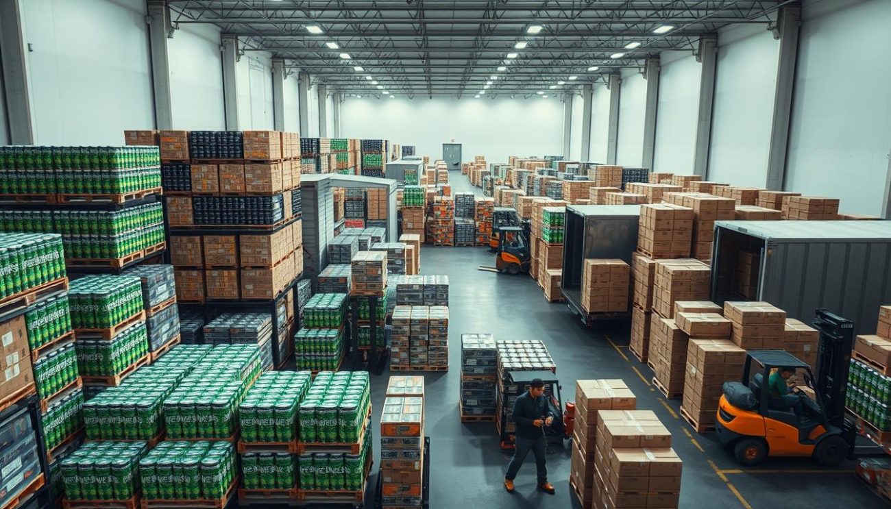 A spacious, well-lit warehouse interior, with rows of neatly stacked pallets and crates of energy drinks and other beverages. Forklifts and warehouse workers are carefully loading the bulk orders onto trucks, ready for delivery. The scene conveys a sense of efficient, large-scale logistics, with a focus on the intricate process of fulfilling bulk orders. Soft, directional lighting casts subtle shadows, emphasizing the structure and organization of the warehouse setup. The overall mood is one of productive, coordinated activity, capturing the essence of a successful bulk ordering strategy for the beverage industry.