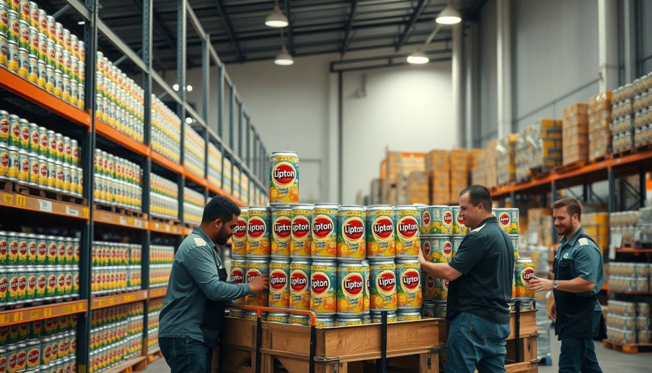 A spacious, well-lit warehouse interior, with sturdy metal shelving units lining the walls. On the shelves, rows of neatly stacked Lipton Iced Tea cans in various flavors, their vibrant labels visible. In the foreground, a team of helpful warehouse workers carefully arranging and securing the cans into sturdy, ready-to-ship pallets. The workers' expressions convey a sense of professionalism and attentiveness as they ensure the orders are packed with precision. Soft, diffused lighting casts a warm glow over the scene, highlighting the efficient, organized workflow. The overall atmosphere exudes a sense of reliability, attention to detail, and a commitment to providing excellent customer service.
