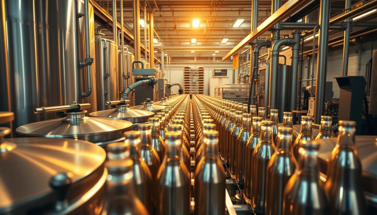A spotlessly clean, modern private label beverage production line, bathed in warm, golden lighting. On the foreground, rows of gleaming stainless steel tanks, their surfaces reflecting the activity around them. In the middle ground, robotic arms precisely fill and seal an endless stream of sleek, minimalist beverage bottles. In the background, a network of conveyors carry freshly packaged products towards the dispatch area, where stacks of pallets await to be loaded onto trucks, ready to deliver the finest Austrian-made private label drinks to customers across Europe.