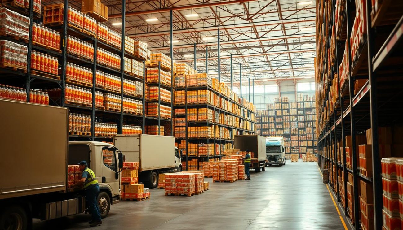 A sprawling European distribution network comes to life, showcasing a well-organized warehouse brimming with crates and pallets. In the foreground, workers diligently load bulks onto delivery trucks, their movements captured in a dynamic, cinematic composition. The middle ground reveals a maze of shelving units, each meticulously stocked with a variety of fruit-flavored soft drink products, ready to be dispatched across the continent. The background is illuminated by warm, natural lighting, casting a vibrant glow over the efficient logistics operation. The scene conveys a sense of precision, reliability, and the seamless flow of goods, embodying the essence of a "Trusted Wholesale Partner in Europe."