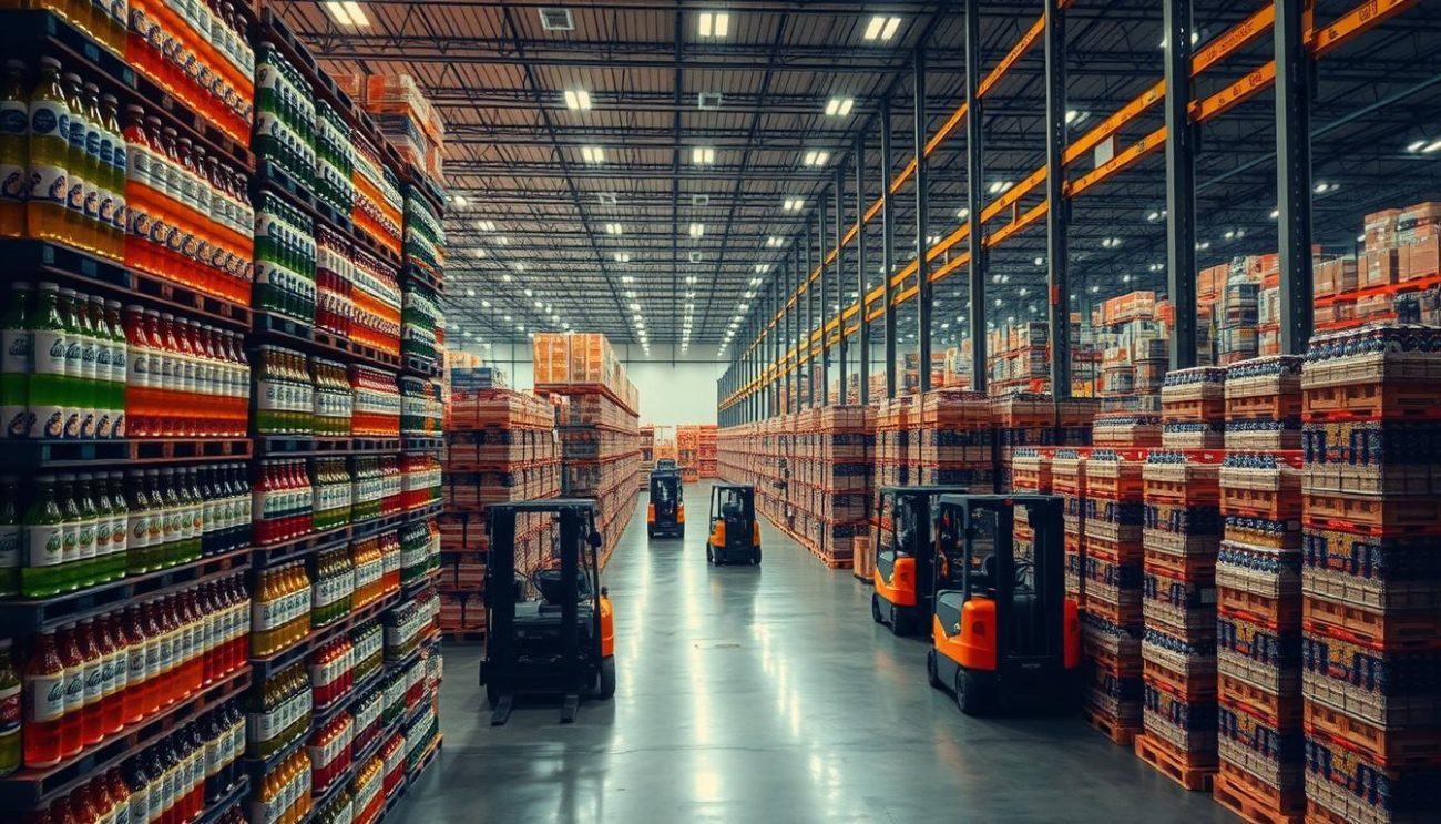 A sprawling European logistics hub, the beverage distribution network comes to life in a meticulously detailed scene. In the foreground, towering pallets of bottled drinks stand ready for shipment, their labels gleaming under the warm glow of industrial lighting. In the middle ground, forklifts expertly navigate the labyrinth of shelves, orchestrating the intricate dance of inventory management. Beyond, the cavernous warehouse recedes into the distance, its high ceilings and expansive layout a testament to the scale of this vast distribution operation. The atmosphere is one of efficiency and precision, a well-oiled machine serving the thirsty markets of the continent.