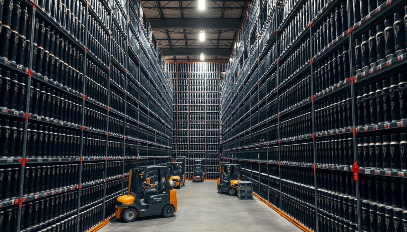A sprawling energy beverage warehouse in the heart of Milan, Italy. Towering shelves brimming with sleek black cans, ready for distribution. Forklifts weave between the stacks, loading pallets onto waiting trucks. Bright overhead lighting casts long shadows, creating a dynamic, industrial atmosphere. The shelves extend deep into the frame, conveying the scale and efficiency of this B2B wholesale operation. Crisp, clean lines and a touch of Italian design flair define the aesthetic. This scene embodies the thriving energy drink market, primed for growth across Europe.