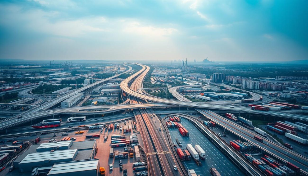 A sprawling network of highways, railways, and waterways criss-crossing the European continent. In the foreground, a bustling logistics hub with warehouses, distribution centers, and a fleet of trucks, trains, and cargo ships in motion. The middle ground reveals a vast network of interconnected transportation routes, linking major commercial hubs across the region. In the background, the iconic landmarks of European cities serve as a backdrop, hinting at the diverse cultural and economic landscape. Bright, warm lighting illuminates the scene, conveying a sense of efficiency and dynamism. Captured with a wide-angle lens to showcase the scale and complexity of this expansive distribution network.