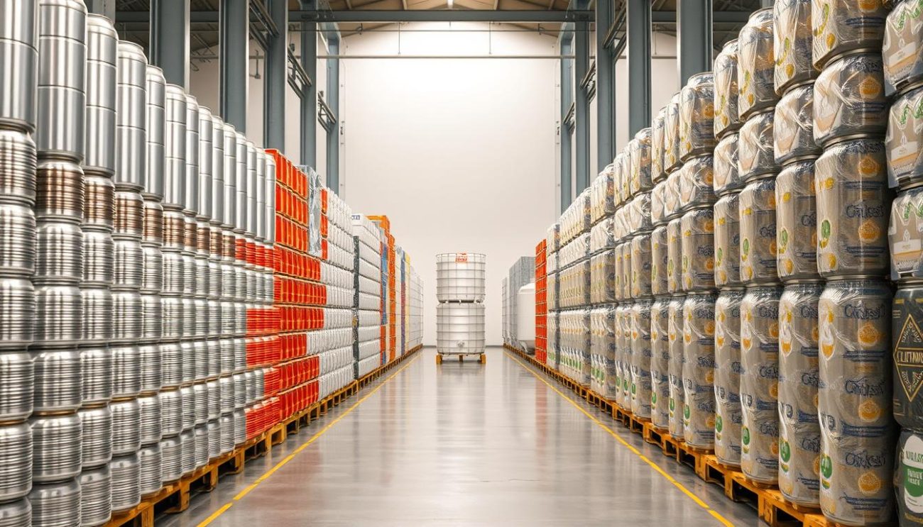 A sprawling warehouse floor, lined with towering stacks of sustainable beverage packages. In the foreground, sleek aluminum cans and plant-based bottles stand side by side, their surfaces gleaming under soft, diffused lighting. In the middle ground, larger reusable containers and bulk dispensers await transport, showcasing innovative circular packaging solutions. The background fades into a modern, minimalist setting, emphasizing the clean, eco-friendly aesthetic. A sense of order and efficiency pervades the scene, reflecting the brand's commitment to sustainable practices and responsible consumption.