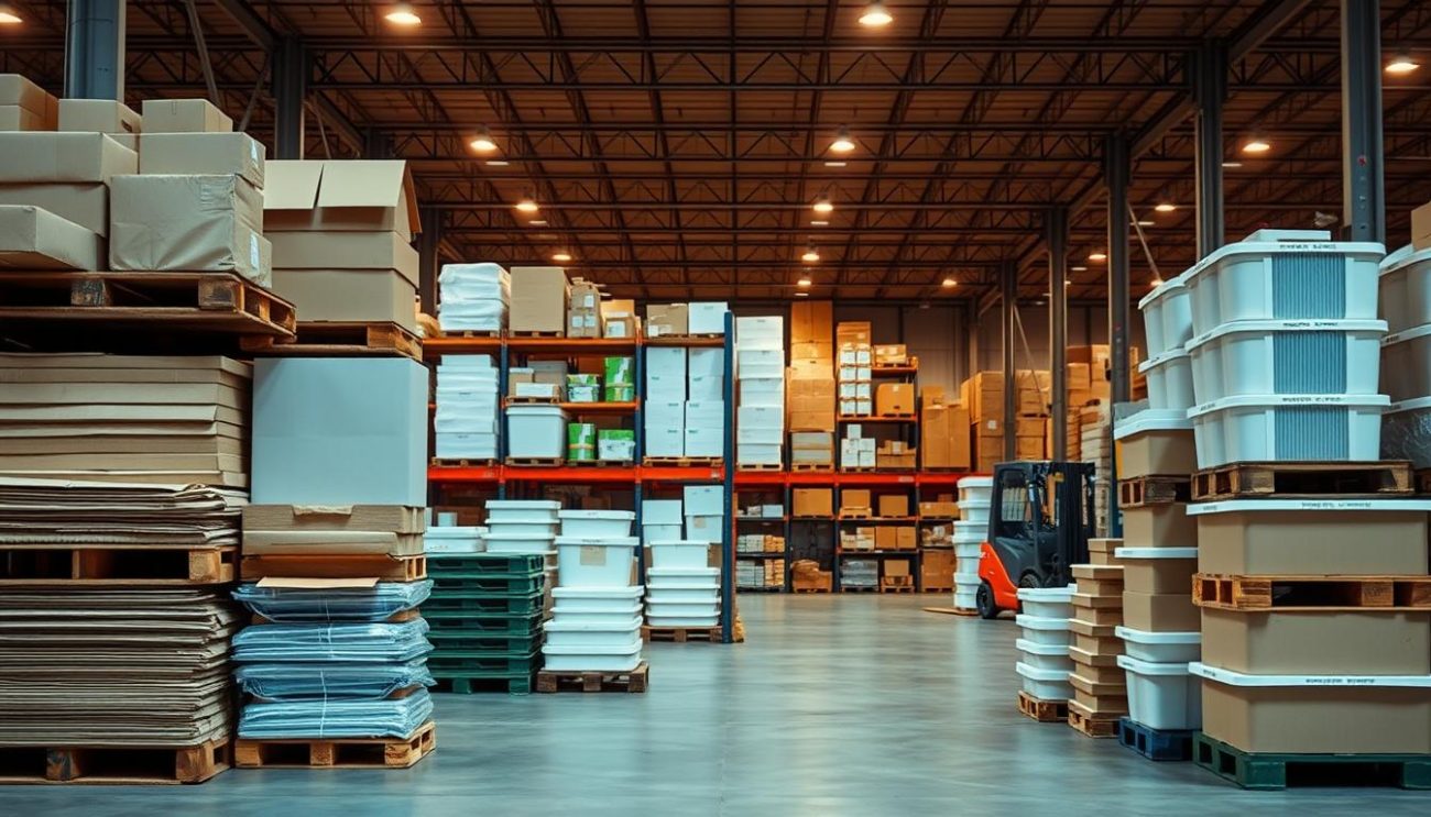 A sprawling warehouse interior, bathed in warm, diffused lighting. In the foreground, neatly stacked pallets of sustainable packaging materials - recycled cardboard, biodegradable plastics, and compostable containers. Shelves in the middle ground hold an array of eco-friendly packaging solutions, their clean lines and muted colors conveying a sense of modern, responsible design. In the background, forklifts gently maneuver pallets, preparing them for shipment to stores committed to reducing their environmental impact. An atmosphere of efficiency, innovation, and environmental stewardship pervades the scene.