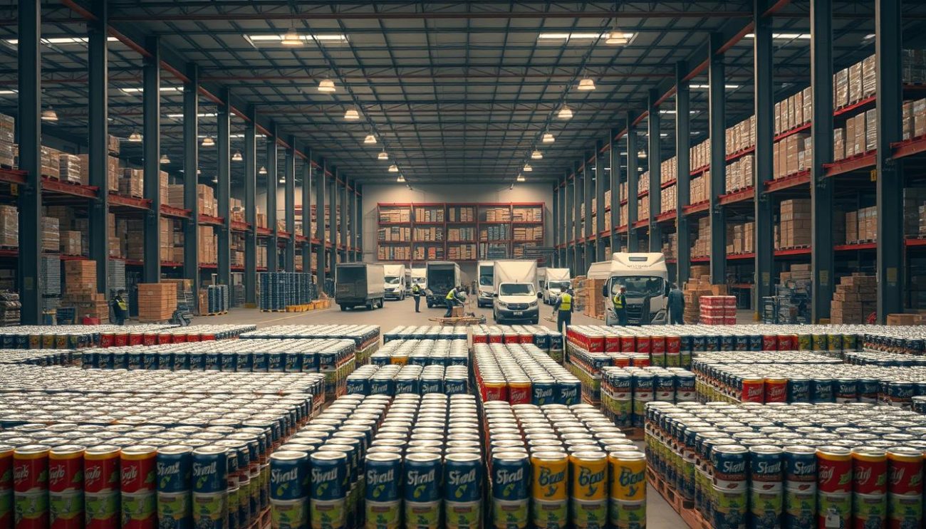 A sprawling warehouse interior, bathed in warm, diffused lighting. In the foreground, pallets laden with stacks of colorful beverage cans are arranged in neat rows, ready for dispatch. The middle ground features a team of workers expertly loading the bulk orders onto a fleet of delivery trucks, their movements efficient and coordinated. In the background, the towering shelves of the storage area fade into the distance, hinting at the vast scale of the operation. The overall atmosphere conveys a sense of organized productivity, a seamless partnership between supplier and customer.