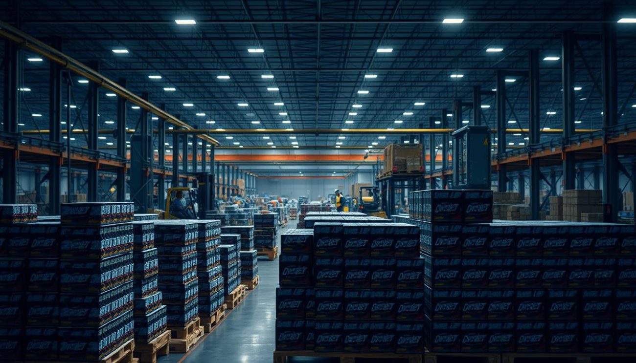 A sprawling warehouse interior, dimly lit by industrial overhead lighting. In the foreground, stacks of energy drink cases sit atop sturdy wooden pallets, ready for distribution. The middle ground reveals a network of conveyor belts and forklifts, efficiently moving the goods through the supply chain. In the background, the silhouettes of workers can be seen, coordinating the logistics and ensuring the smooth flow of the operation. The scene conveys a sense of order, precision, and the well-oiled machinery of an optimized distribution channel.