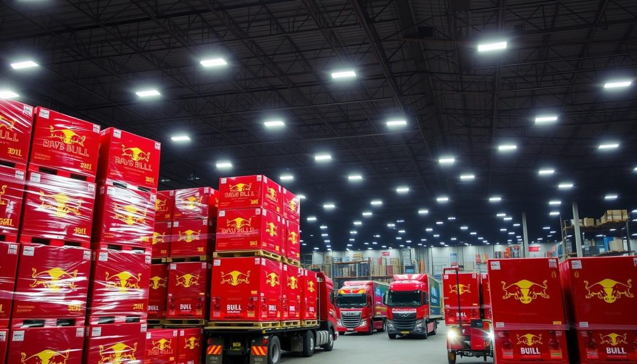 A sprawling warehouse interior, dimly lit by overhead fluorescent lamps. In the foreground, towering stacks of vibrant red energy drink pallets, each neatly wrapped in plastic and bearing the iconic Bull logo. The middle ground showcases a fleet of delivery trucks, their engines idling as loading crews efficiently transfer the bulky pallets onto the waiting vehicles. In the background, a network of shelves and racks filled with additional stock, ready to replenish the outgoing shipments. The atmosphere is one of coordinated efficiency, a well-oiled distribution machine prepared to deliver the popular energy drink to retailers across the region.
