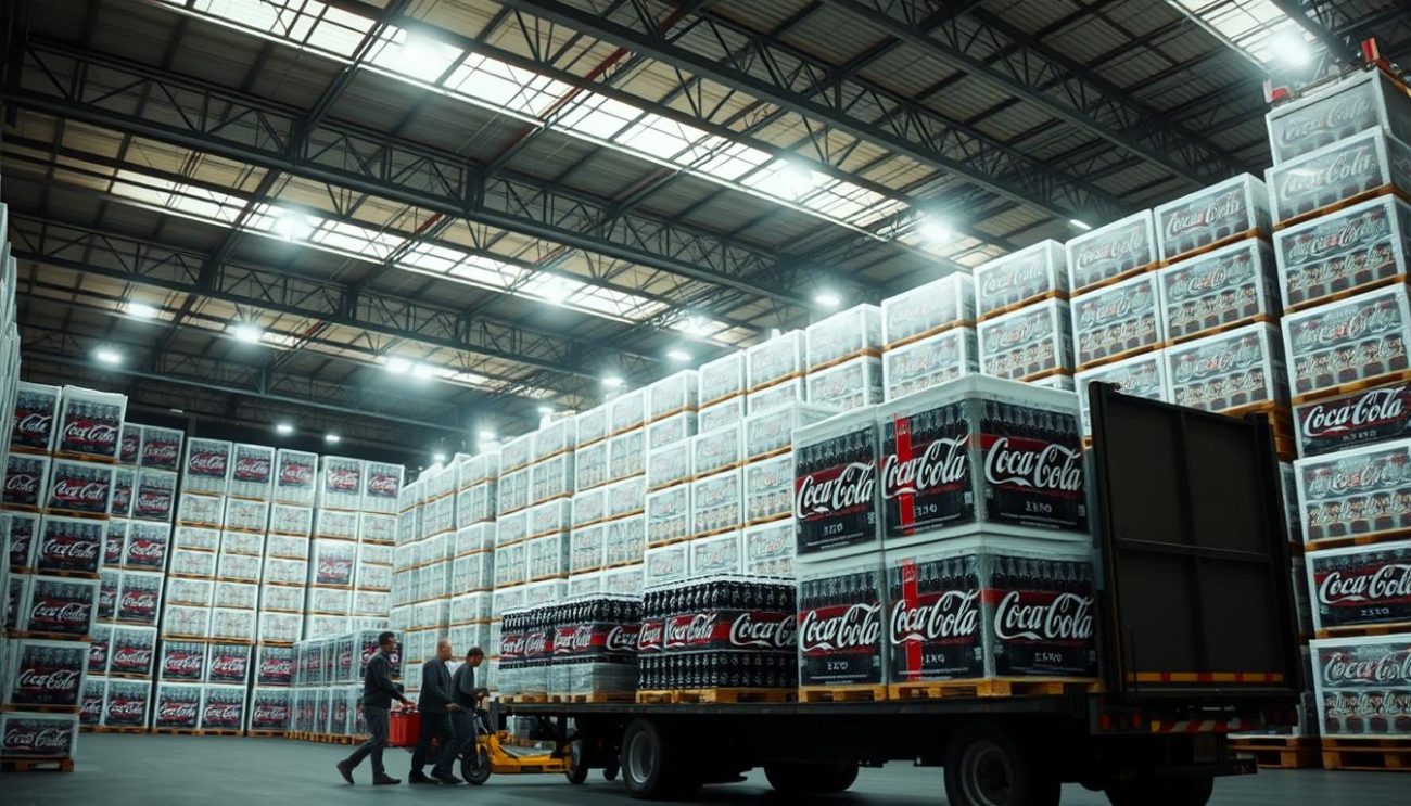 A sprawling warehouse interior, filled with neatly stacked pallets of Coca-Cola Zero bottles. Bright, even lighting casts long shadows, accentuating the clean, minimalist shelving units. In the foreground, a team of workers carefully load the bulky packages onto a waiting delivery truck, their movements efficient and practiced. The atmosphere is one of quiet productivity, underscoring the reliability and attention to detail that comes with ordering Coca-Cola Zero in bulk from a trusted wholesale partner. The overall scene conveys the key advantages of this purchasing option: convenience, cost-effectiveness, and the assurance of a steady supply of the popular zero-sugar beverage.