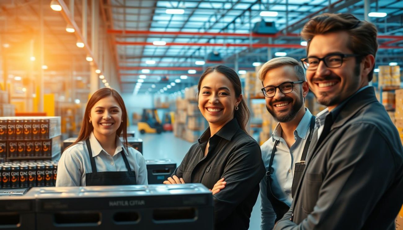 A state-of-the-art energy drink distribution center in Europe, basking in warm, diffused lighting. The foreground showcases a team of customer service representatives, their faces alight with genuine smiles as they assist clients. In the middle ground, rows of neatly stacked energy drink cases and crates, meticulously organized. The background reveals a high-tech warehouse, with conveyor belts and forklifts efficiently moving products. The overall atmosphere exudes professionalism, efficiency, and a commitment to customer satisfaction.