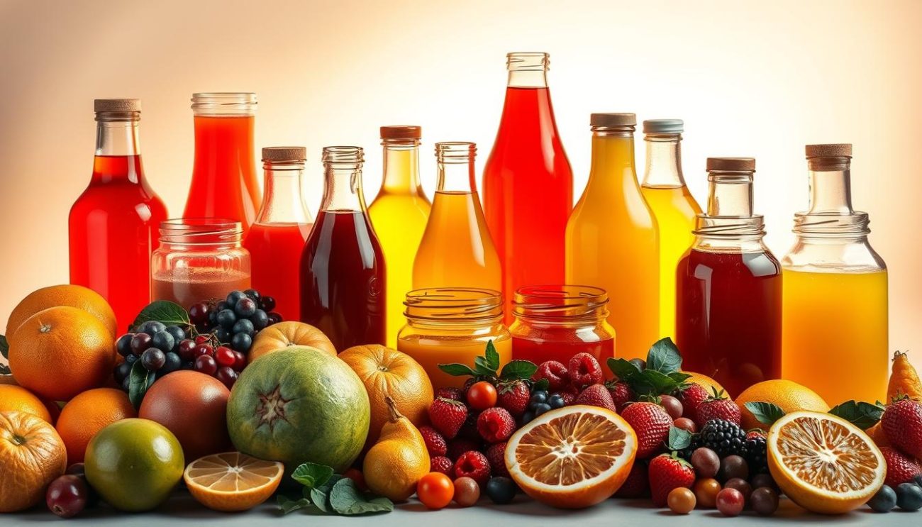 A still life composition showcasing an array of vibrant, translucent fruit juice concentrates in various glass bottles and jars. The foreground features an assortment of citrus fruits, berries, and other produce, arranged artfully to highlight their rich, saturated colors. In the middle ground, the glass containers are illuminated by warm, directional lighting, casting soft shadows and highlighting the depth and viscosity of the concentrates. The background is a simple, neutral backdrop, allowing the products to take center stage. The overall scene conveys a sense of quality, refinement, and the premium nature of the Zeki Frucht GmbH export offerings.