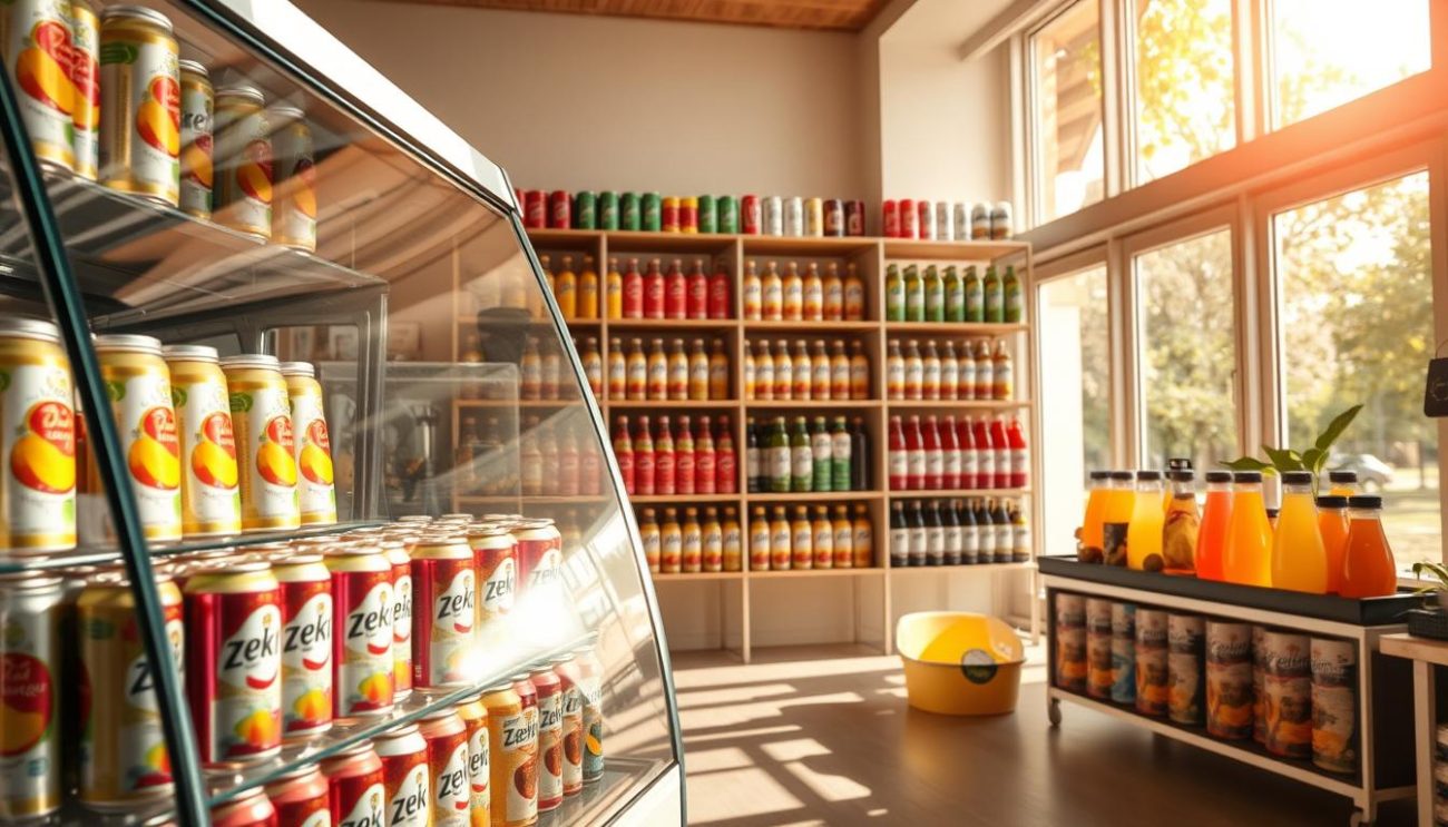 A sun-dappled indoor setting showcasing an assortment of Austrian energy drinks and juices. The foreground features a sleek glass display case filled with colorful cans and bottles, their vibrant labels and branding prominent. In the middle ground, a well-stocked shelf system holds a variety of other Zeki Frucht GmbH products, each meticulously arranged. The background depicts a warm, inviting atmosphere with natural light streaming through large windows, casting a soft glow over the scene. The overall mood is one of quality, freshness, and attention to detail, conveying the care and expertise that goes into Zeki Frucht GmbH's beverage offerings.