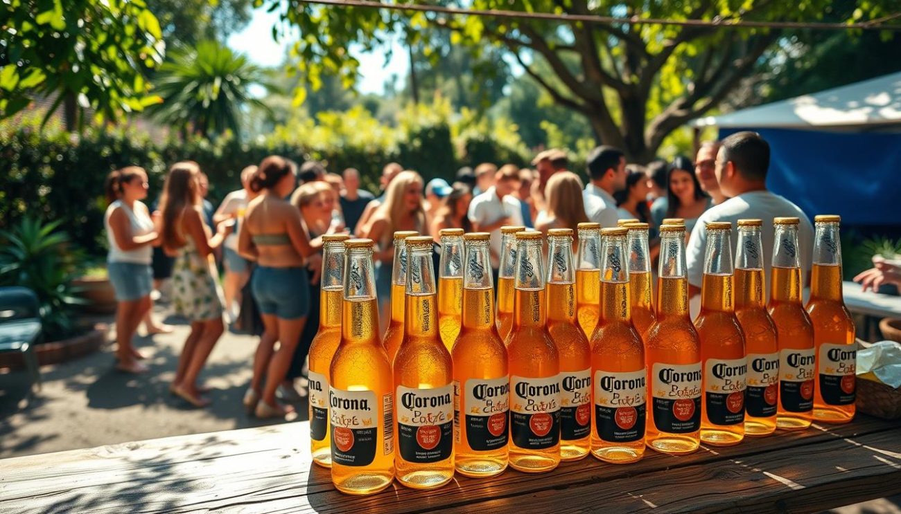 A sun-dappled outdoor event, with a vibrant and festive atmosphere. In the foreground, an array of Corona beer bottles and cans, neatly arranged on a rustic wooden table, their golden hues glinting in the natural light. In the middle ground, a lively crowd of people gathered around, engaged in lively conversation and laughter, holding their own Corona beverages. The background features a lush, verdant setting, perhaps a garden or a park, with a hint of a blue sky peeking through the trees, creating a warm and inviting ambiance. The lighting is soft and natural, casting a gentle glow over the entire scene, capturing the essence of a perfect Corona-filled event.
