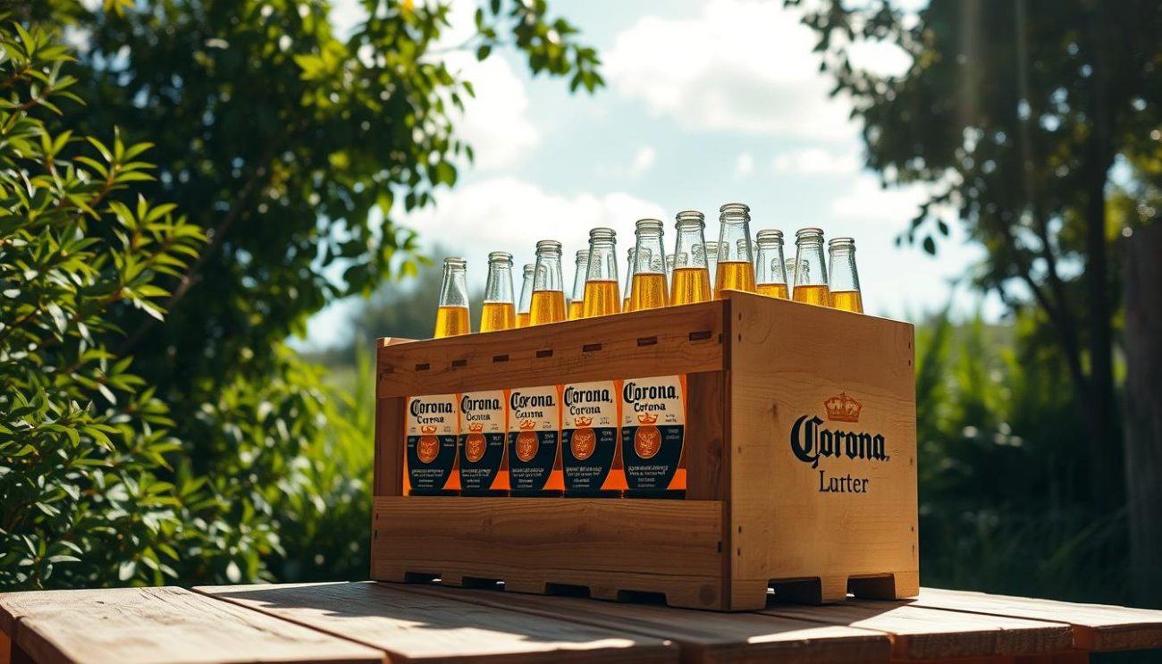 A sun-dappled outdoor scene featuring a large wooden crate or barrel filled to the brim with several bottles of Corona beer. The crate is positioned on a weathered wooden table, surrounded by lush green foliage and a bright, cloudless sky. The lighting is warm and natural, casting subtle shadows that accentuate the textures of the materials. The composition emphasizes the abundance and quality of the beer, conveying a sense of wholesomeness and value. The overall mood is one of relaxation, refreshment, and the pleasures of purchasing beer in bulk at wholesale prices.