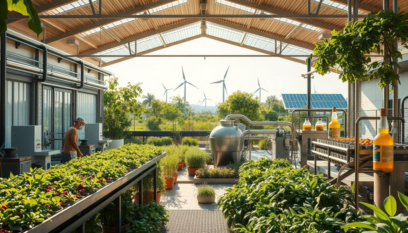 A sun-dappled scene of a modern, eco-friendly beverage production facility. In the foreground, workers carefully tend to the harvesting and processing of sustainably-sourced botanical ingredients. The middle ground showcases sleek, energy-efficient machinery meticulously calibrated for minimal waste. In the background, lush gardens and renewable energy sources like solar panels and wind turbines create a harmonious, nature-inspired atmosphere. Warm, soft lighting accentuates the clean, minimalist design aesthetic, conveying a sense of environmental responsibility and commitment to quality.