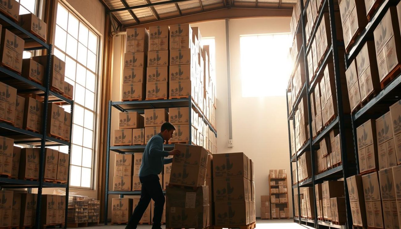 A sun-dappled warehouse interior, shelves stacked high with neatly arranged boxes of sustainable tea packaging. The boxes are made from recycled materials, adorned with minimalist designs in earthy tones that evoke nature. Diffused lighting filters through large windows, casting a warm glow over the scene. In the foreground, a worker carefully places a final box onto a pallet, preparing it for shipment. The overall atmosphere conveys a sense of eco-consciousness, efficiency, and a commitment to responsible sourcing and distribution.