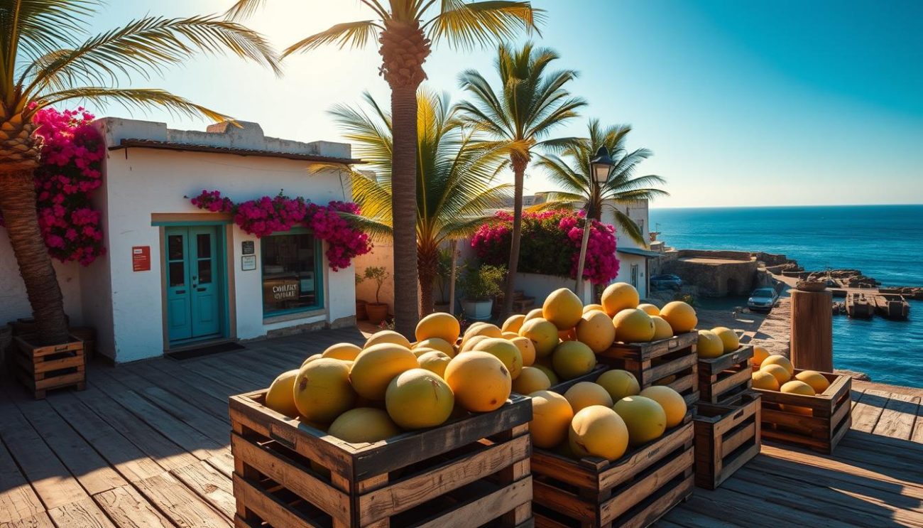 A sun-drenched coastal town in Spain, palm trees swaying gently in the breeze. In the foreground, crates of fresh coconuts sit on a weathered wooden dock, their green husks glistening. A quaint storefront, its whitewashed walls adorned with vibrant bougainvillea, serves as the backdrop, hinting at the artisanal nature of the coconut milk production within. The scene is bathed in warm, golden light, casting long shadows and evoking a sense of tranquility and authenticity. In the distance, the deep blue of the Mediterranean Sea meets the hazy horizon, completing the picturesque tableau of a thriving coconut milk export business rooted in the heart of Spain.