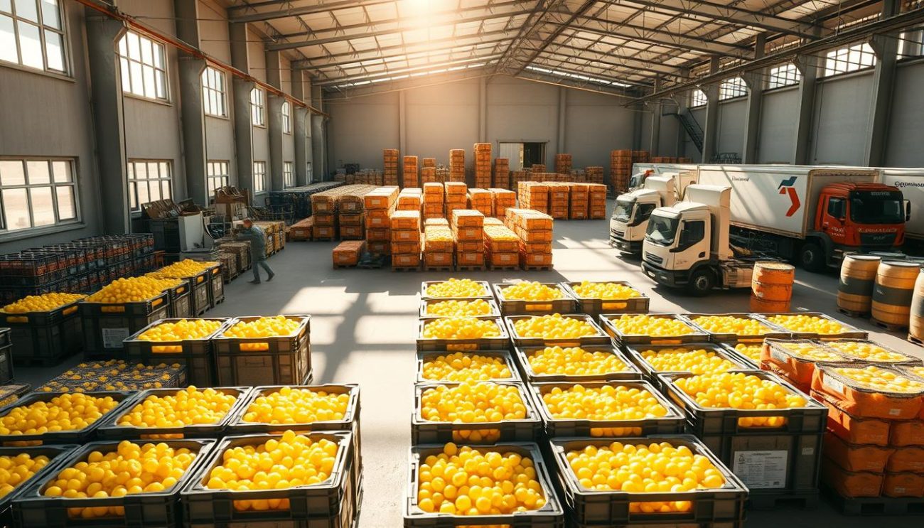 A sun-drenched warehouse, filled with crates and barrels overflowing with vibrant, freshly pressed fruit juice concentrate. Crisp lighting from large windows illuminates the scene, casting long shadows across the concrete floor. In the foreground, workers carefully inspect and package the concentrate, their movements graceful and efficient. The middle ground showcases towering stacks of labeled containers, ready for export to the HoReCa sector. In the background, a fleet of delivery trucks waits to transport the precious cargo to its global destinations. The atmosphere is one of bustling productivity, underscored by the rich, inviting aroma of the concentrated fruit juices.