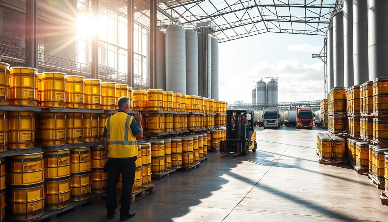 A sun-drenched warehouse interior, filled with rows of stacked canola oil barrels. In the foreground, a worker in a safety vest examines the quality of the oil, while in the middle ground, forklifts move pallets across the polished concrete floor. The background showcases a panoramic view of the facility, with towering storage silos and a fleet of delivery trucks waiting to transport the premium-grade canola oil to businesses across Europe. The scene conveys a sense of efficiency, reliability, and attention to detail - the hallmarks of a trusted wholesale supplier.