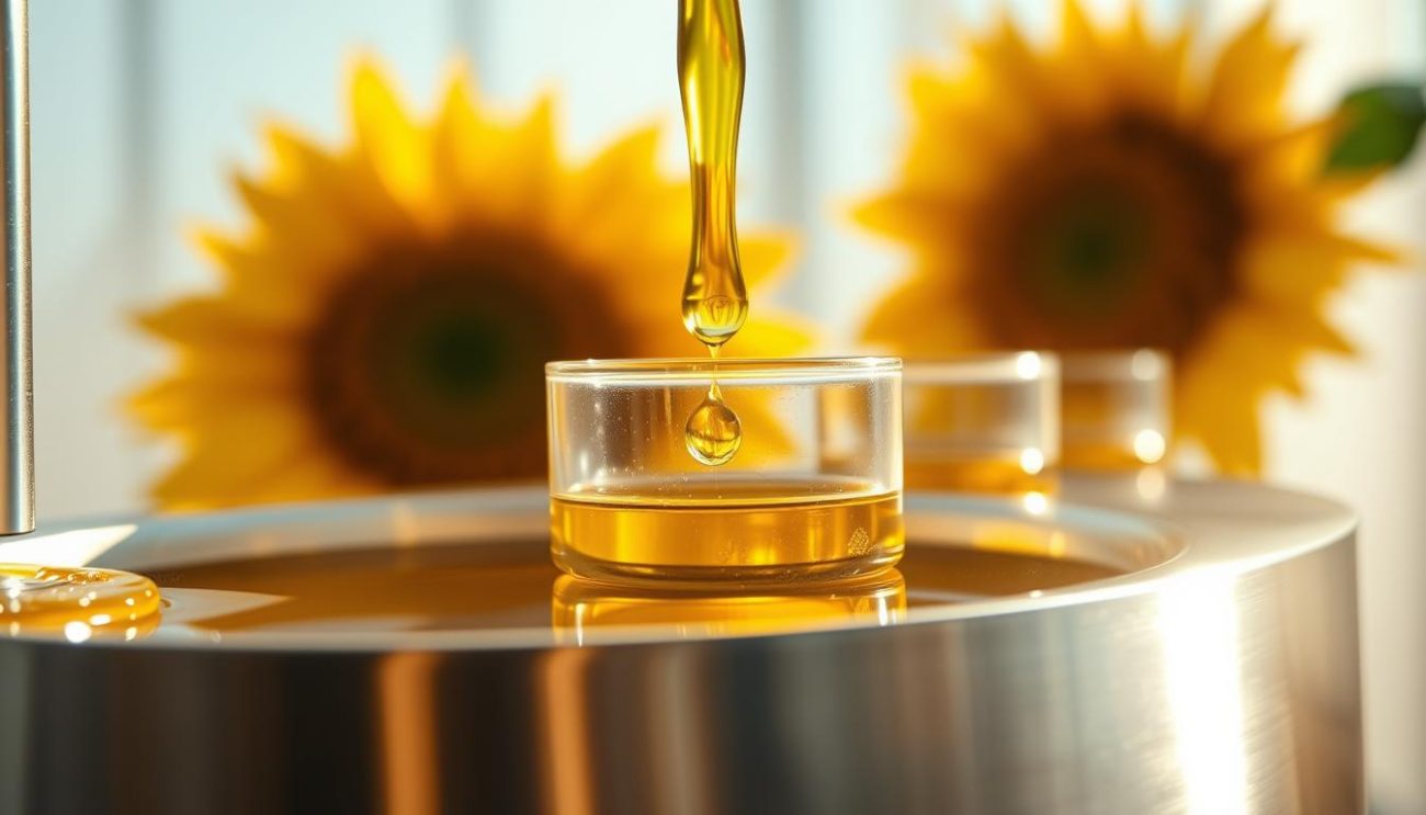 A sunlit sunflower oil dispensary, with golden liquid glistening in a stainless steel container. The foreground showcases the rich, amber hue of the premium sunflower oil, captured in crisp, high-resolution detail. The middle ground features a sleek, minimalist design, emphasizing the purity and quality of the product. In the background, soft, diffused lighting creates a warm, inviting atmosphere, evoking a sense of health and wellness. Capturing the essence of wholesome nutrition, this image perfectly illustrates the nutritional considerations of sunflower oil.