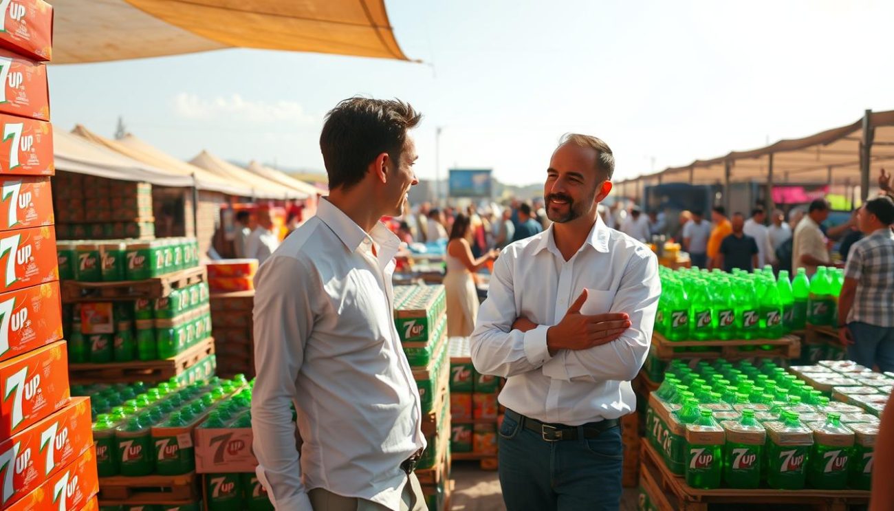 A sunny, open-air wholesale market filled with stacks of 7Up cases. In the foreground, a salesperson in a crisp white shirt enthusiastically shows a customer the advantages of buying 7Up in bulk - lower prices, guaranteed freshness, and efficient logistics. The middle ground features neatly arranged pallets of 7Up bottles, their vibrant green labels catching the warm, diffused sunlight. In the background, a bustling crowd of buyers and sellers moves through the market, creating a sense of energy and opportunity. The overall atmosphere conveys the benefits of purchasing 7Up directly from the supplier - cost savings, reliable supply, and the lively spirit of a thriving wholesale marketplace.
