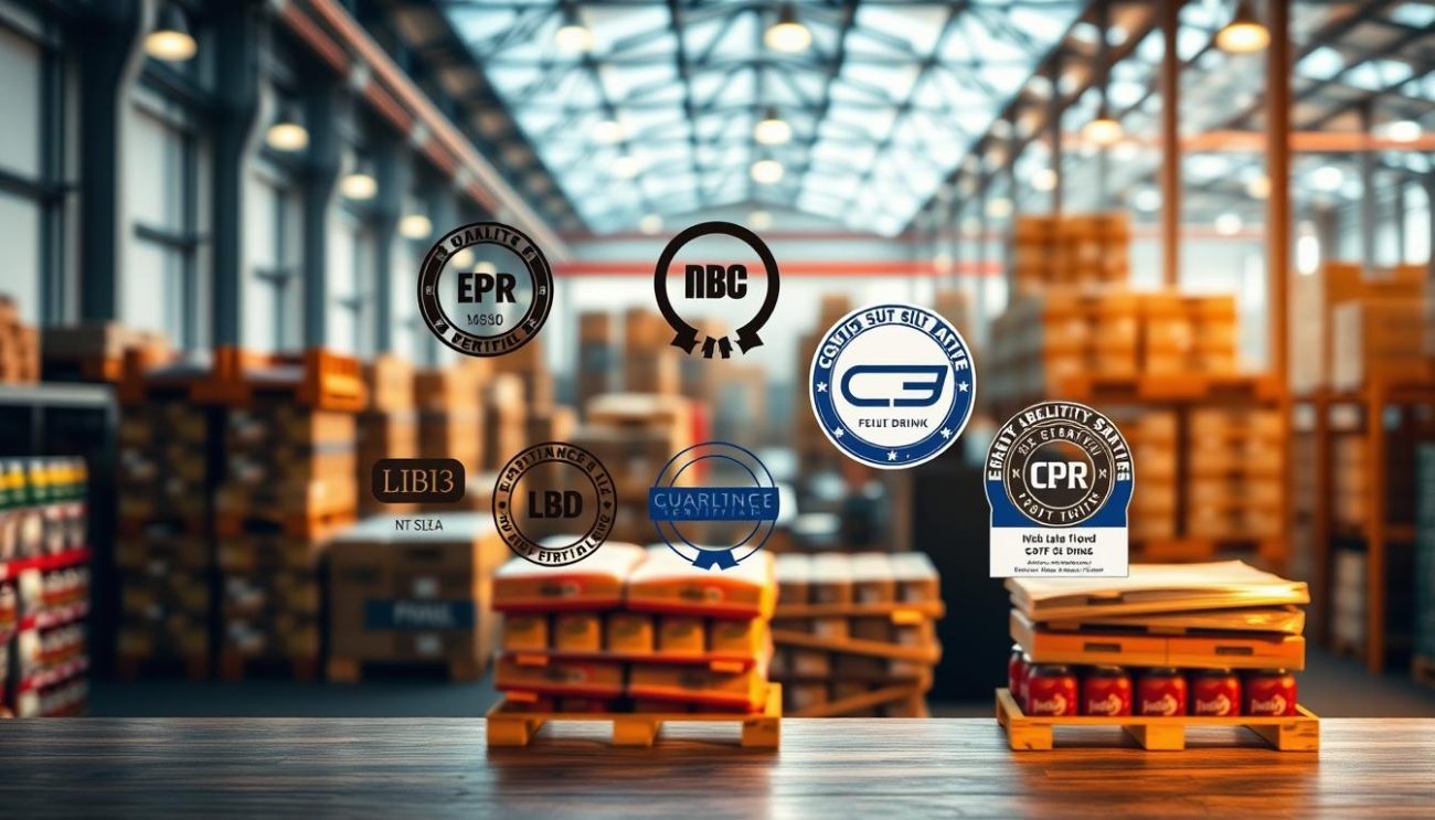 A table showcasing an assortment of quality certification seals and emblems against a backdrop of a modern, well-lit warehouse setting. The certifications are prominently displayed, meticulously arranged to convey a sense of professionalism and attention to detail. Pallets of packaged beverages are visible in the foreground, reflecting the company's commitment to delivering high-quality products. Warm, directional lighting casts a subtle glow, highlighting the certifications and creating a sense of authority and trustworthiness. The overall composition emphasizes the brand's dedication to quality standards and regulatory compliance, positioning it as a reliable partner in the fruit-flavored soft drink industry.