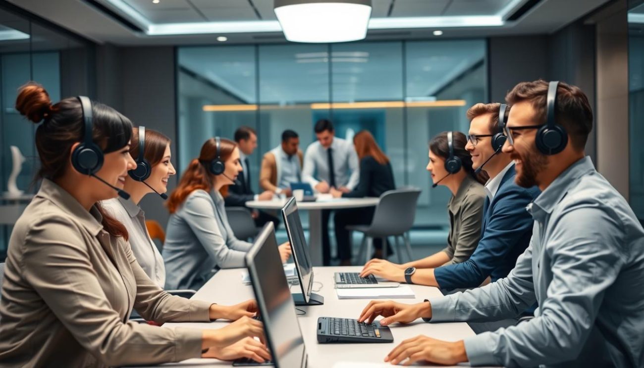 A team of friendly, professional customer service representatives in a modern, well-lit office setting. In the foreground, three individuals seated at their desks, engaged in attentive conversation with customers over headsets. In the middle ground, a group of colleagues collaborating around a conference table, exchanging ideas. The background features sleek, minimalist decor with a sophisticated color palette, conveying an atmosphere of efficiency, expertise, and a commitment to providing exceptional service.